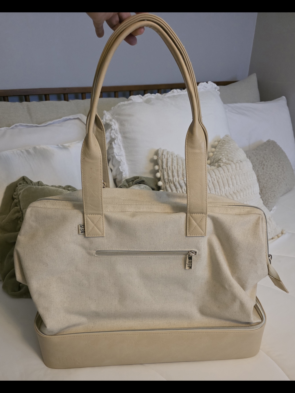 BEIS Large Weekender Canvas Travel Tote with Leather Trim - Cream